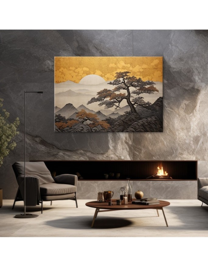 Wall canvas print - Japanese landscape on a golden background | FEEBY