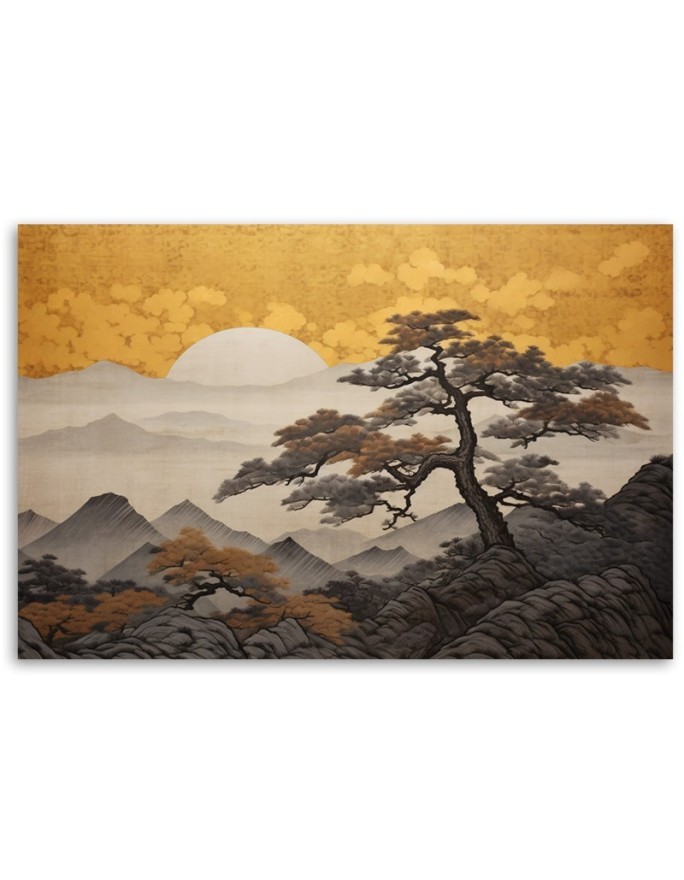 Wall canvas print - Japanese landscape on a golden background | FEEBY