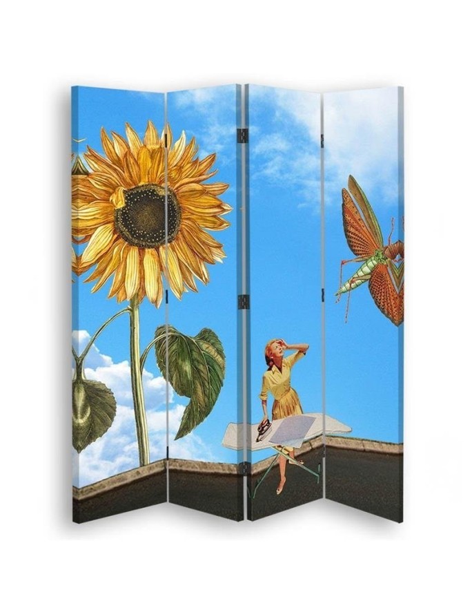 Multipart screen - Ironing woman among sunflowers | FEEBY