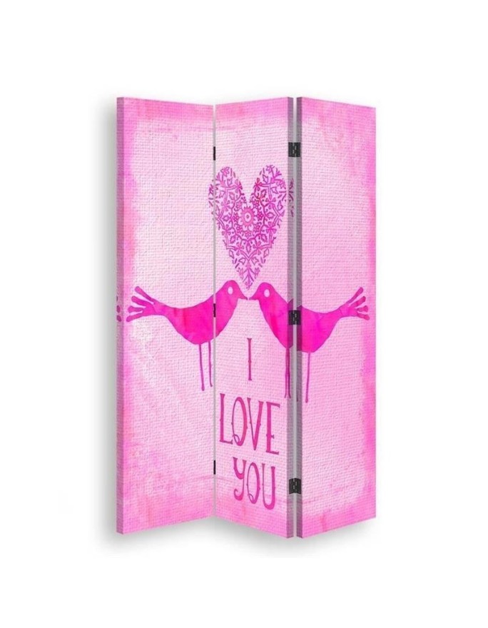 Living room divider - Two birds on pink background, inscription I Love You | FEEBY