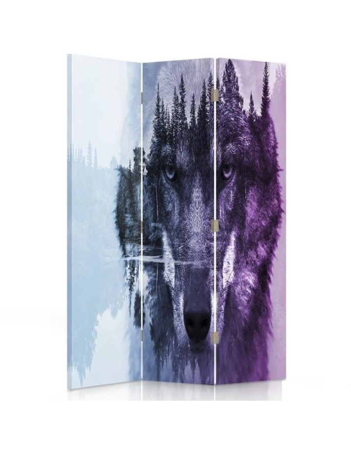 Decorative screen - Wolf against a forest in purples | FEEBY