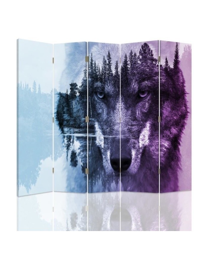 Decorative screen - Wolf against a forest in purples | FEEBY