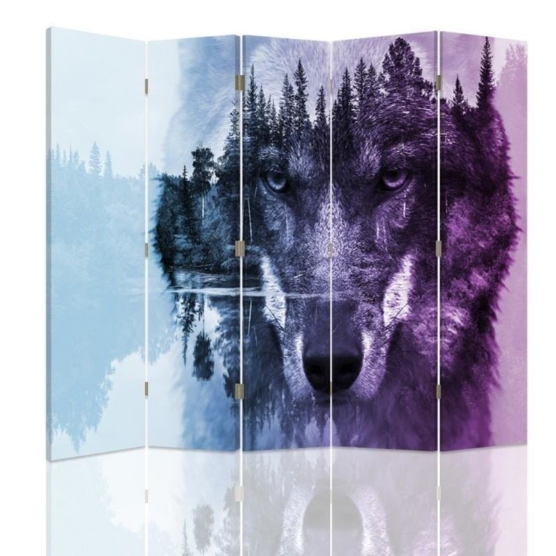 Decorative screen - Wolf against a forest in purples | FEEBY