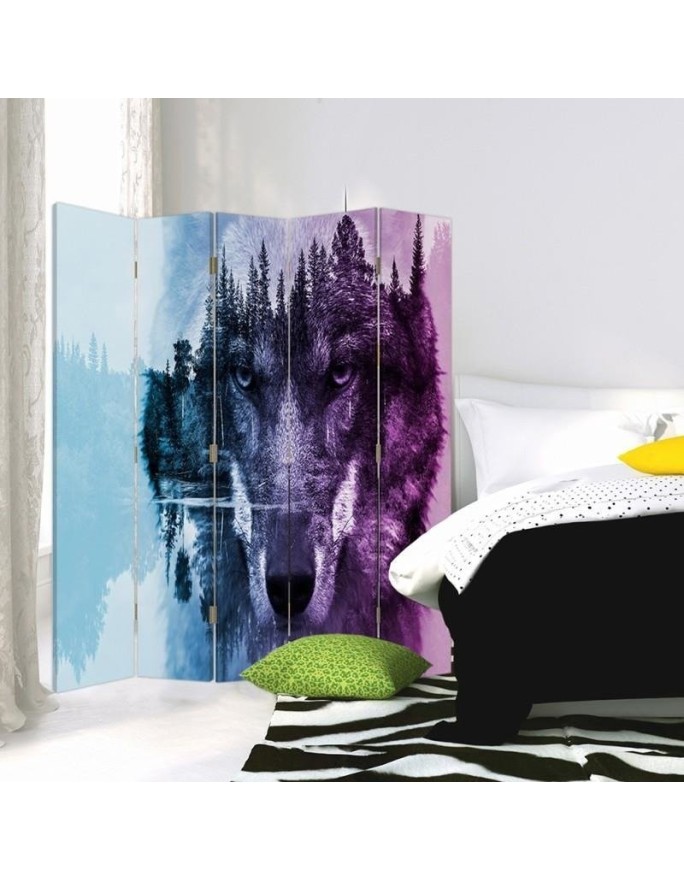 Decorative screen - Wolf against a forest in purples | FEEBY