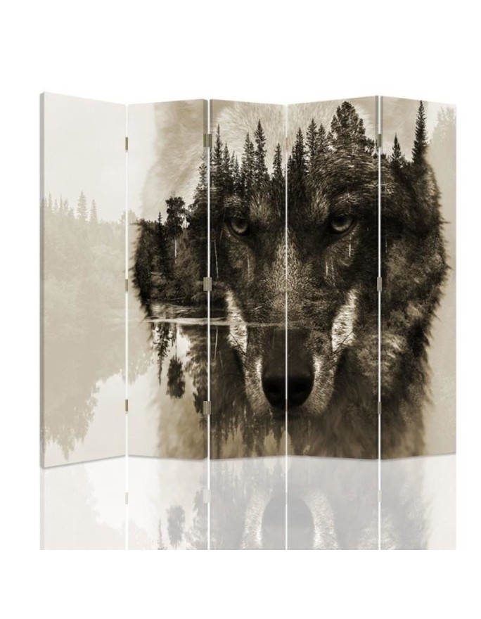 Living room divider - Wolf against a forest background in browns | FEEBY