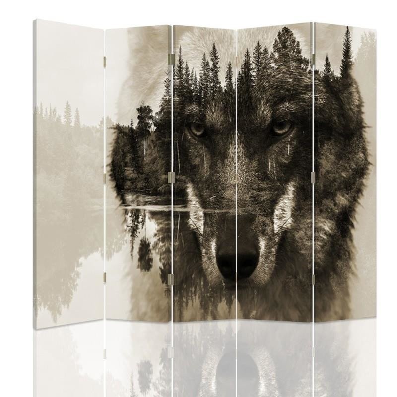 Living room divider - Wolf against a forest background in browns | FEEBY
