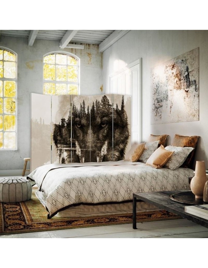 Living room divider - Wolf against a forest background in browns | FEEBY