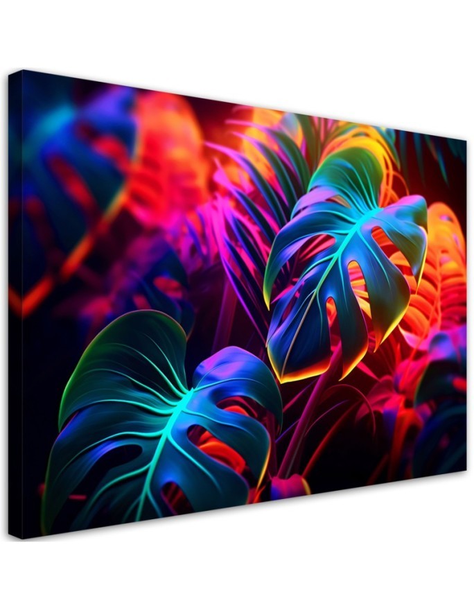 Painting for living room - Monstera leaves in neon colours | FEEBY