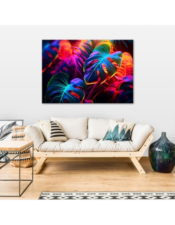 Painting for living room - Monstera leaves in neon colours | FEEBY