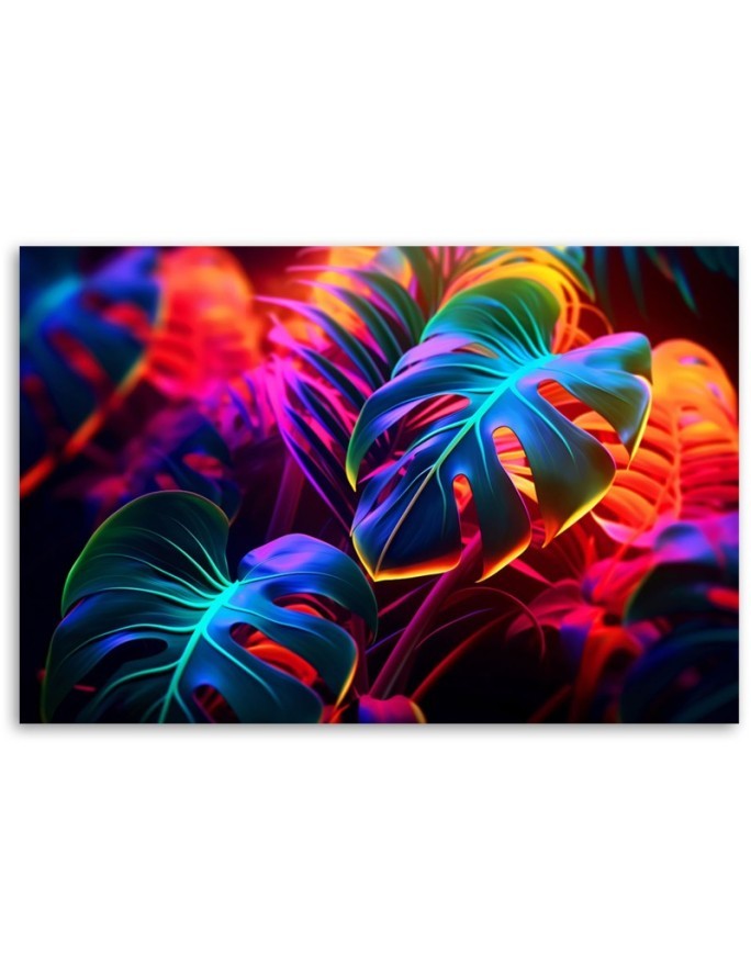 Painting for living room - Monstera leaves in neon colours | FEEBY