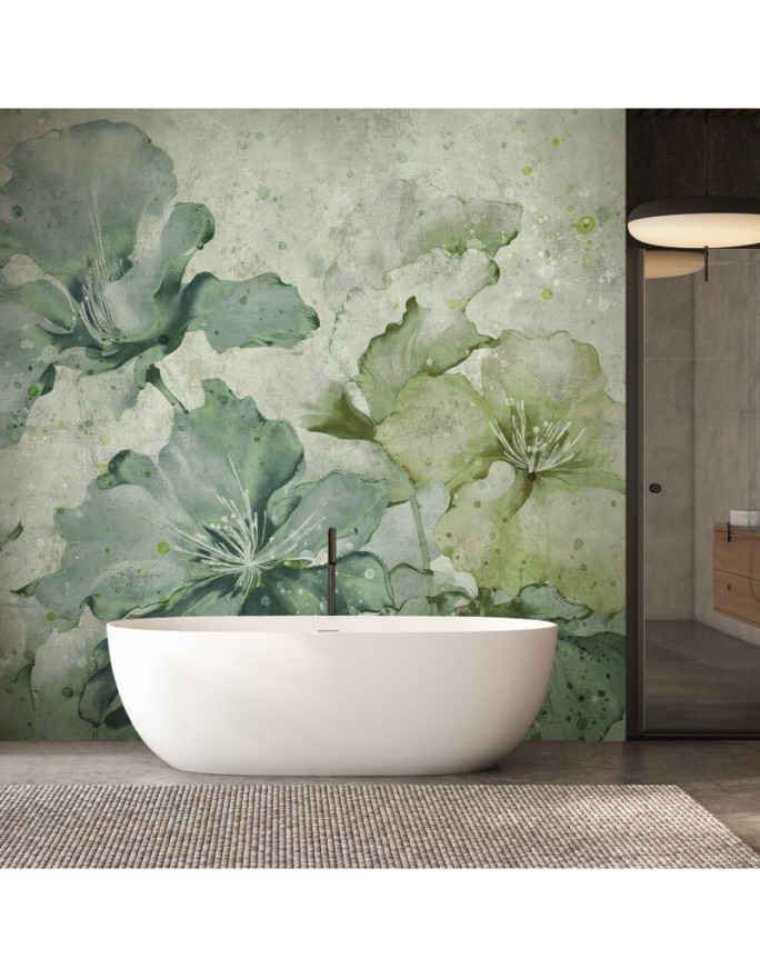 Wall mural for living room - Green flowers watercolor | FEEBY
