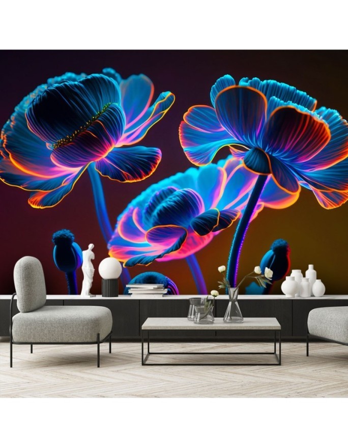 Wall mural for living room - Neon flowers nature | FEEBY