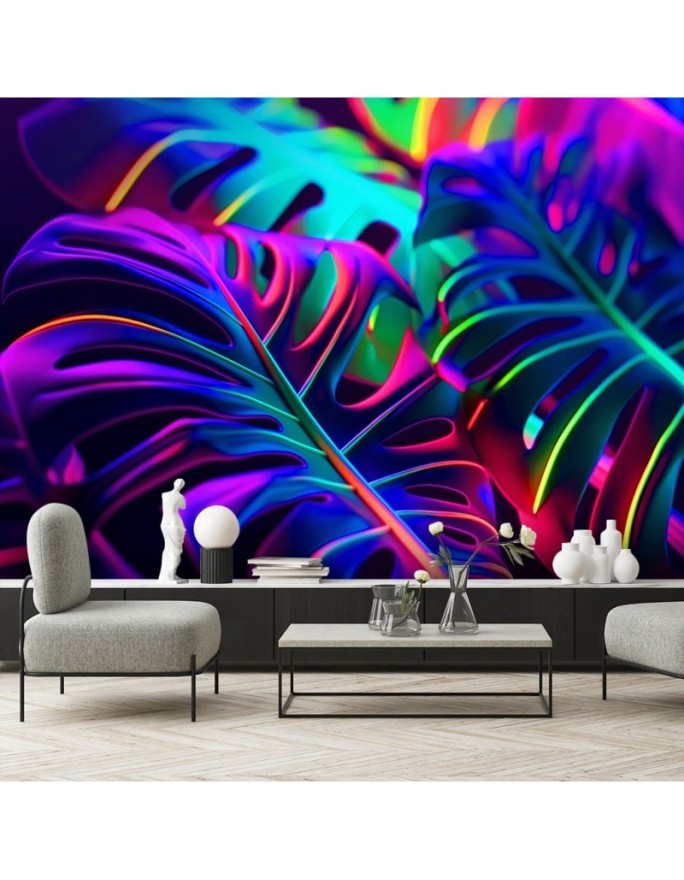 Modern wallpaper - Monstera leaves in neon colors | FEEBY