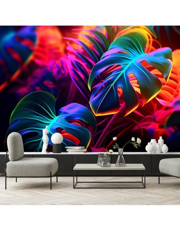 Modern wall mural - Monstera leaves in neon colors | FEEBY